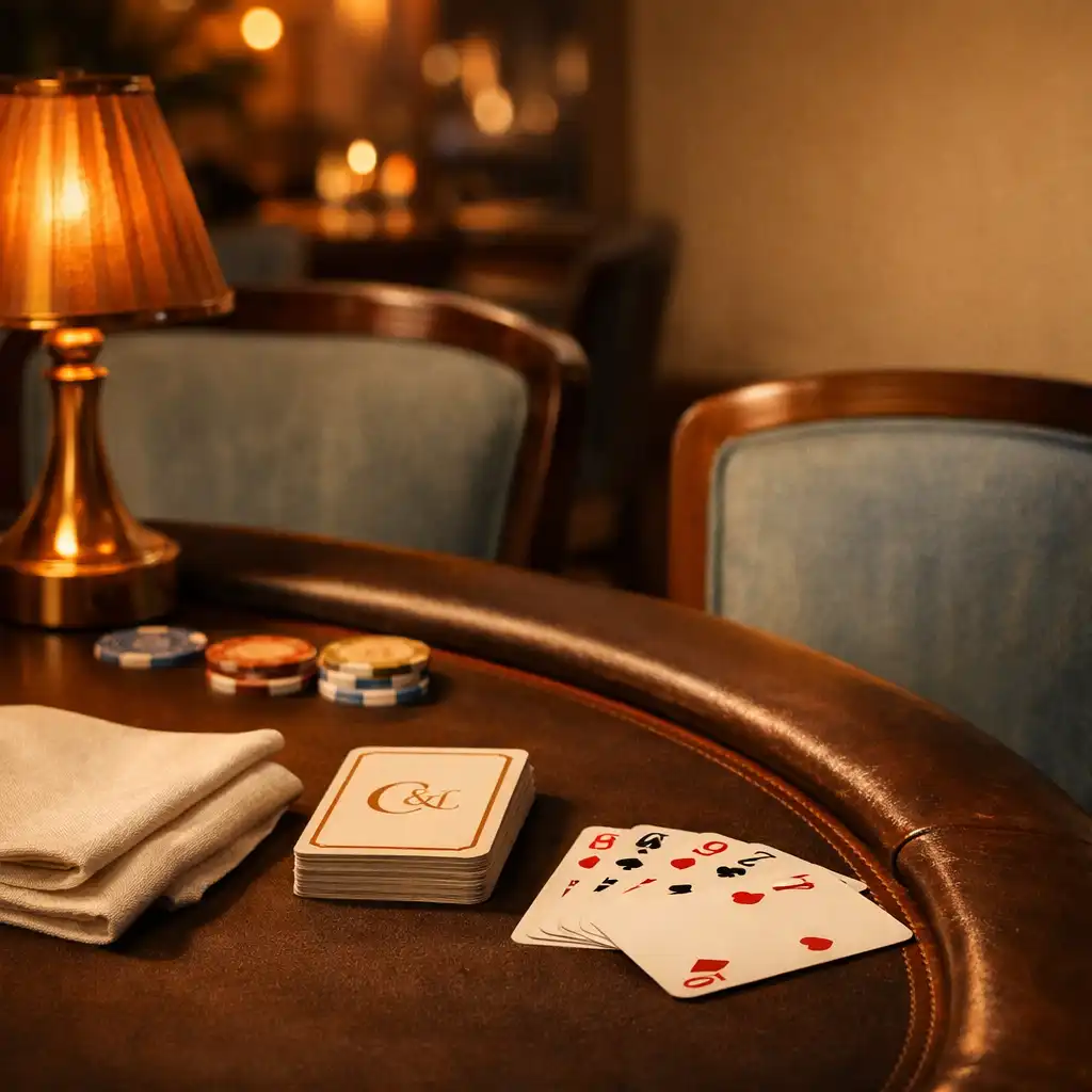 Copper lamp glow, folded linen, physical cards and a poker table edge inside the Copper and Linen card lounge