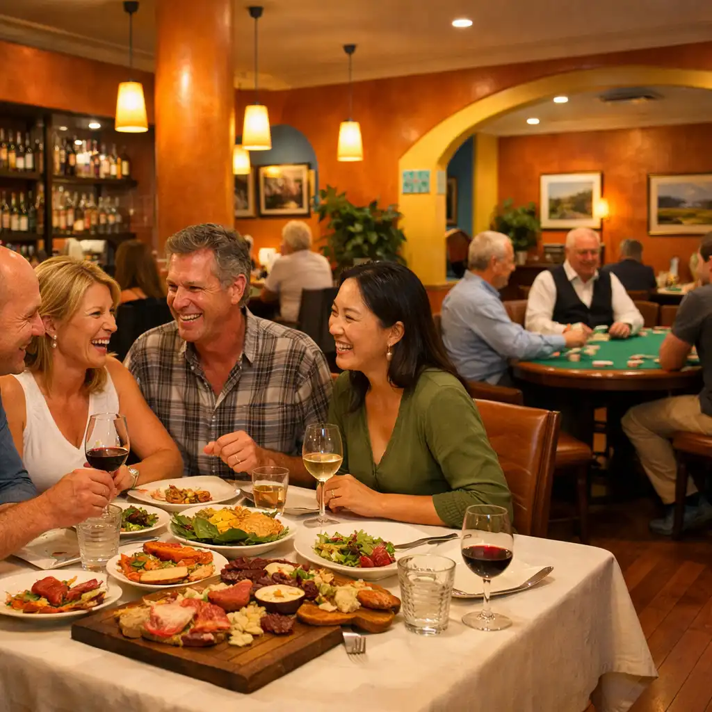 Friends gathered around a long supper table with a card lounge visible behind them