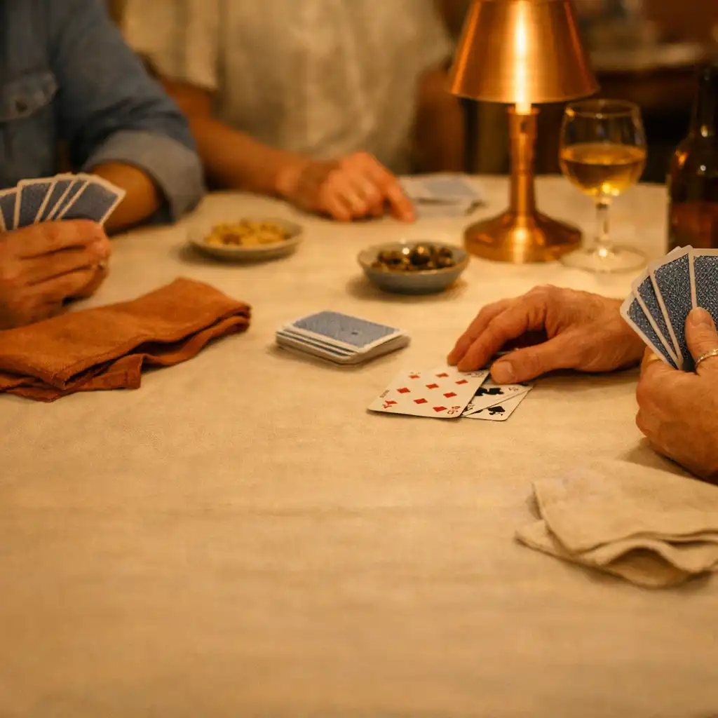 Hands, plates, linen and playing cards on a warmly lit shared table