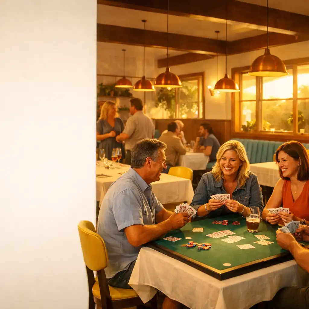 Warm Copper and Linen card lounge with diners talking around a physical table