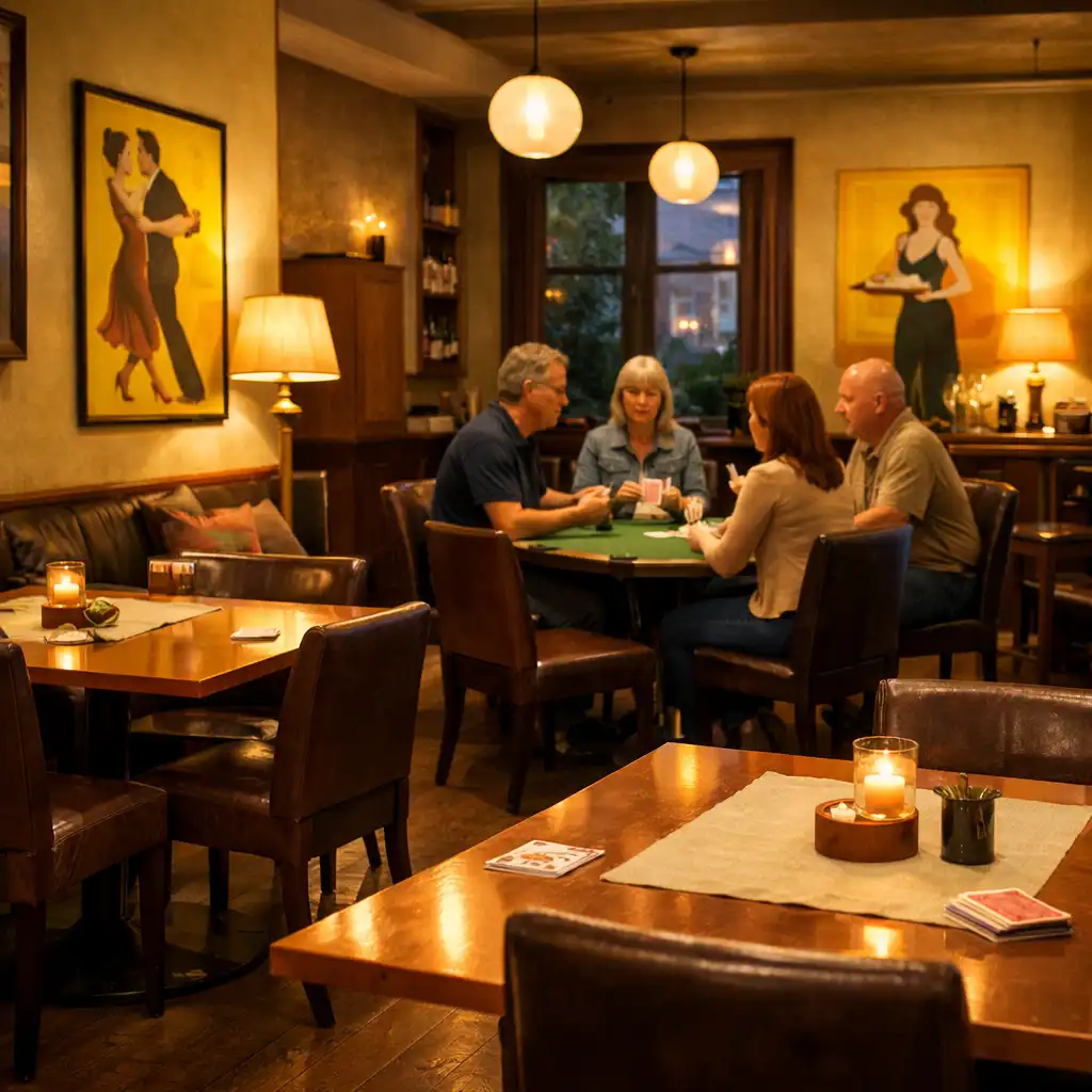 Warm interior of Copper & Linen with guests gathered around a physical card table