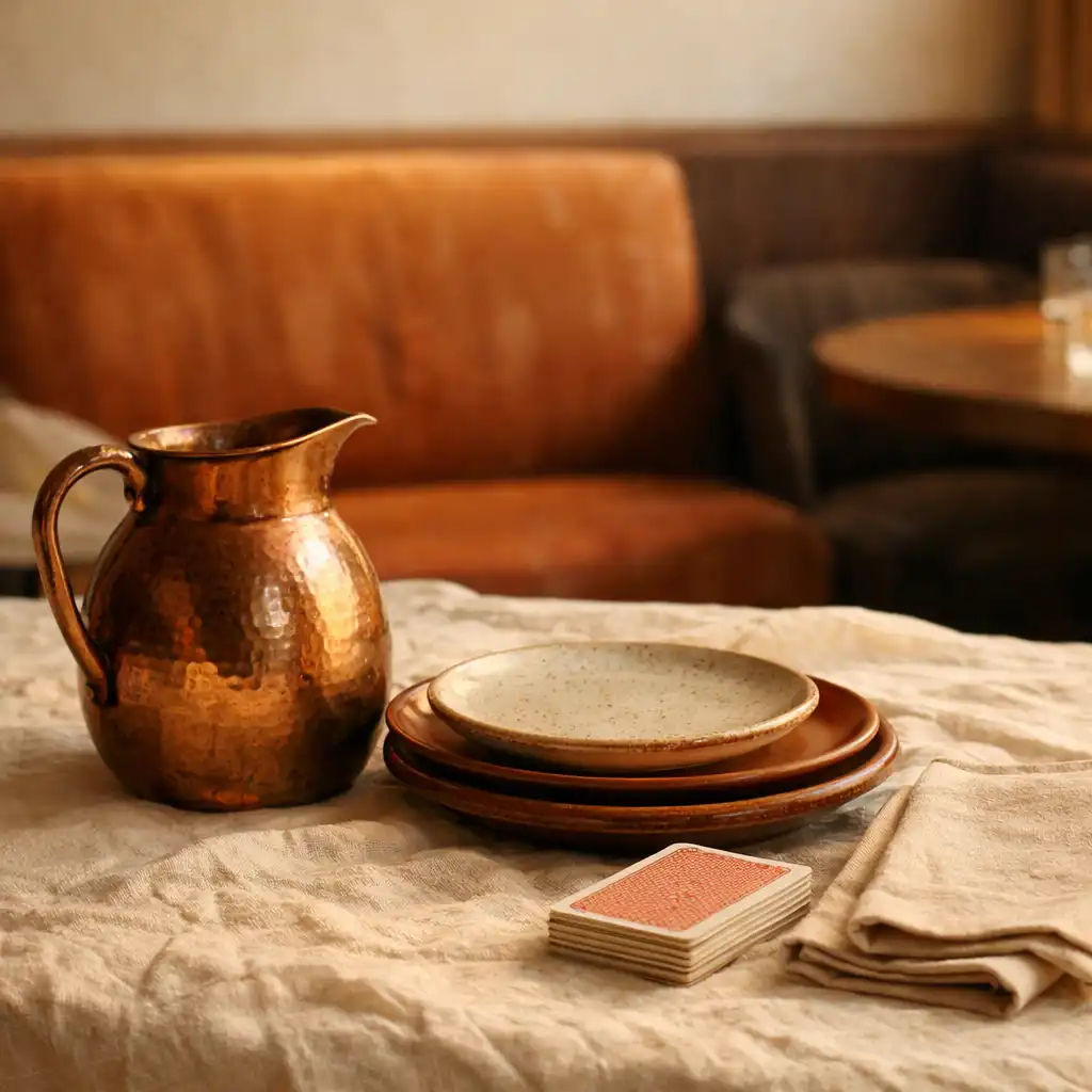Cream linen, copper vessel, ceramic plates and playing cards on a table