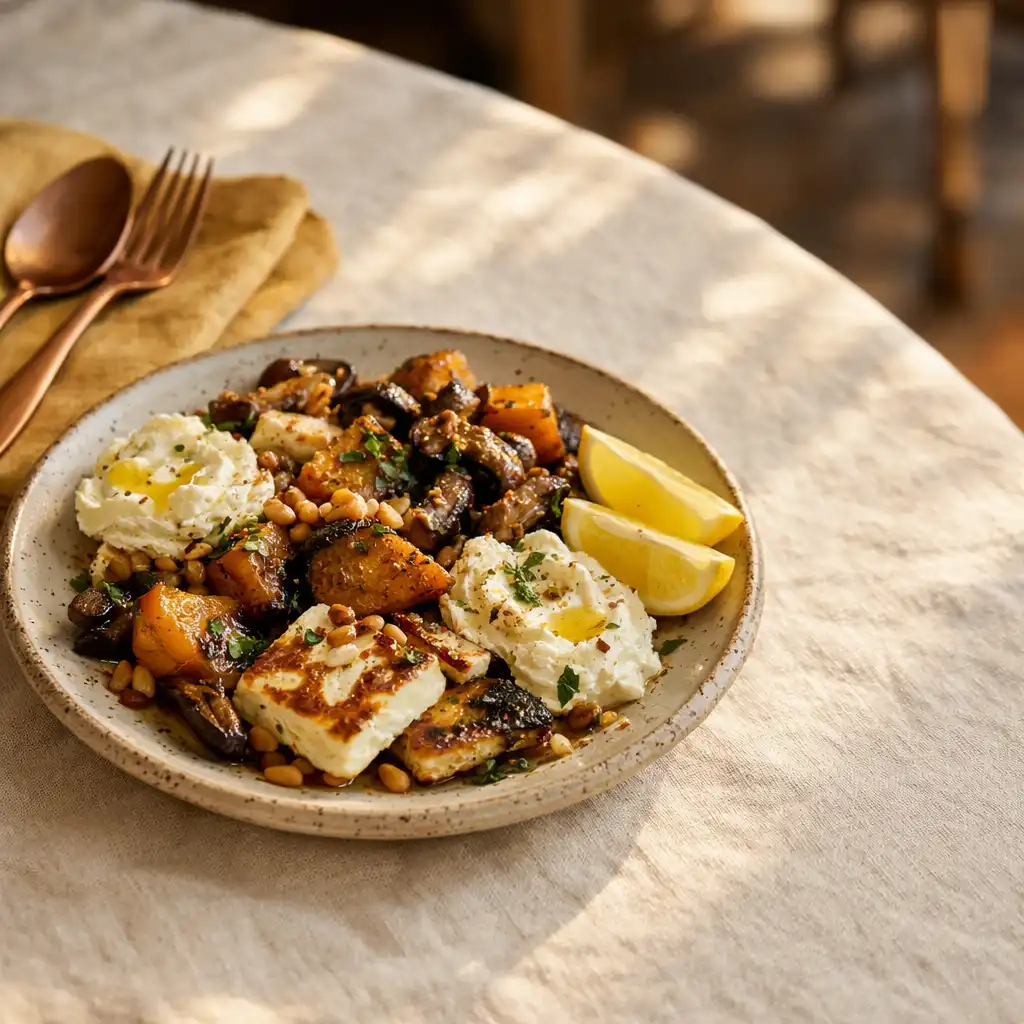 Shared plate, copper cutlery and folded linen on a sunlit restaurant table