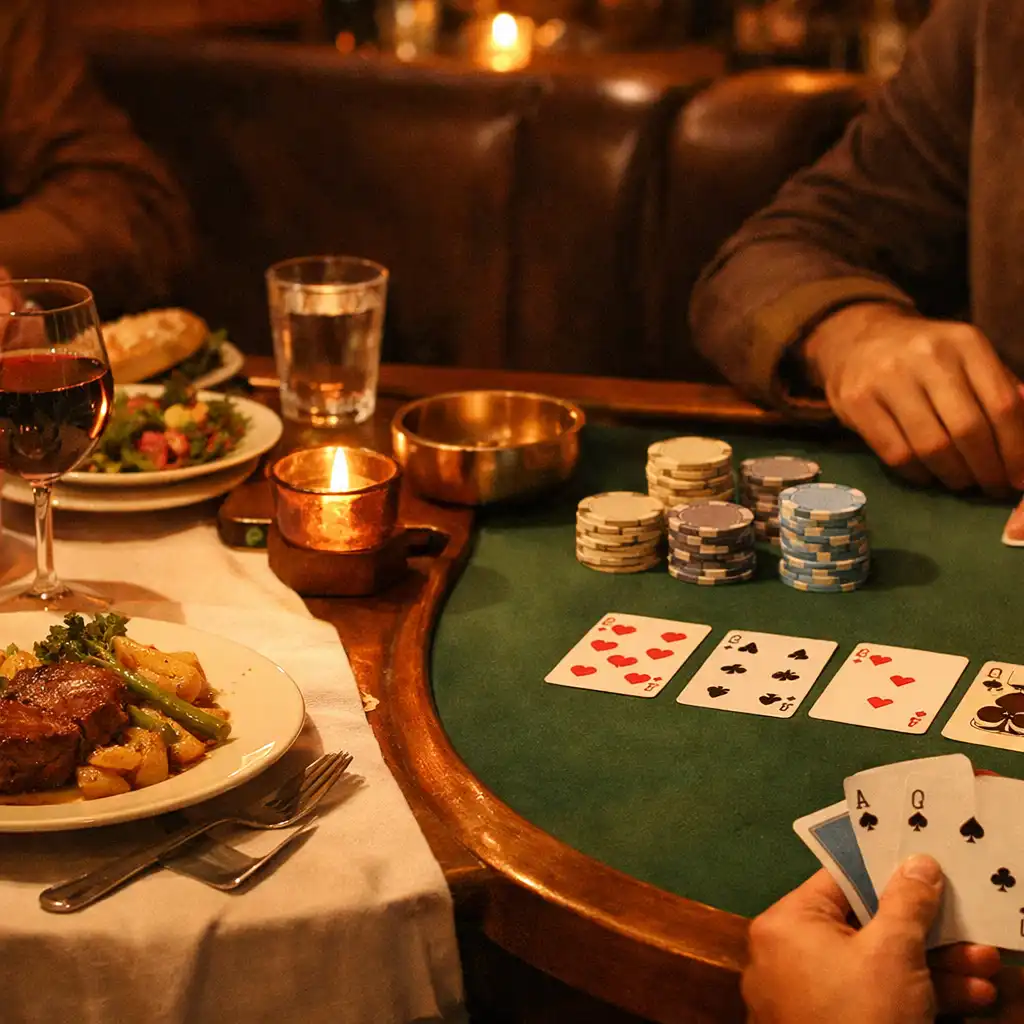 A cohesive supper-club table scene with plated food on one side and playing cards on the other.