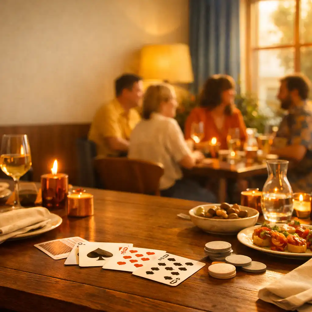 Guests gathered around a warmly lit restaurant table with playing cards in Copper and Linen's physical card lounge.