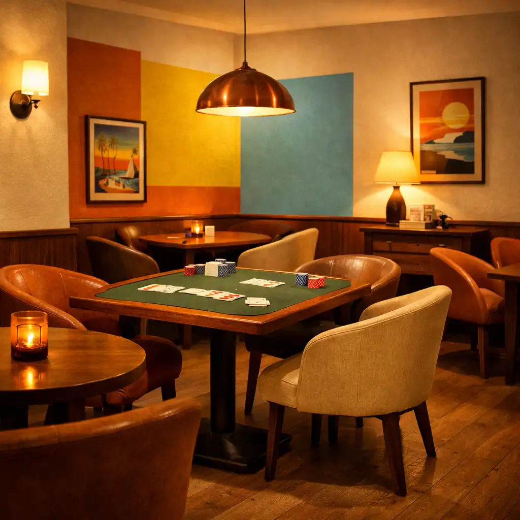 Curved chairs, timber tables and a prepared card table inside a colourful Fitzroy lounge.