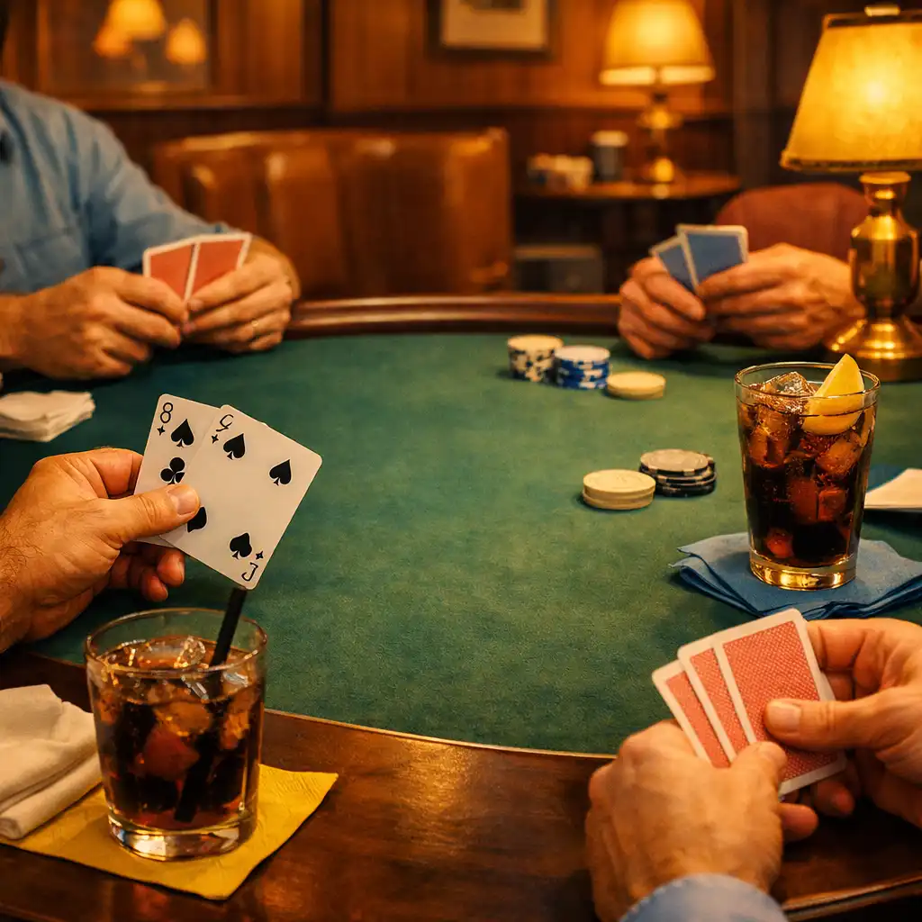 Adult hands holding playing cards around a felt-topped poker table in a warmly lit lounge.