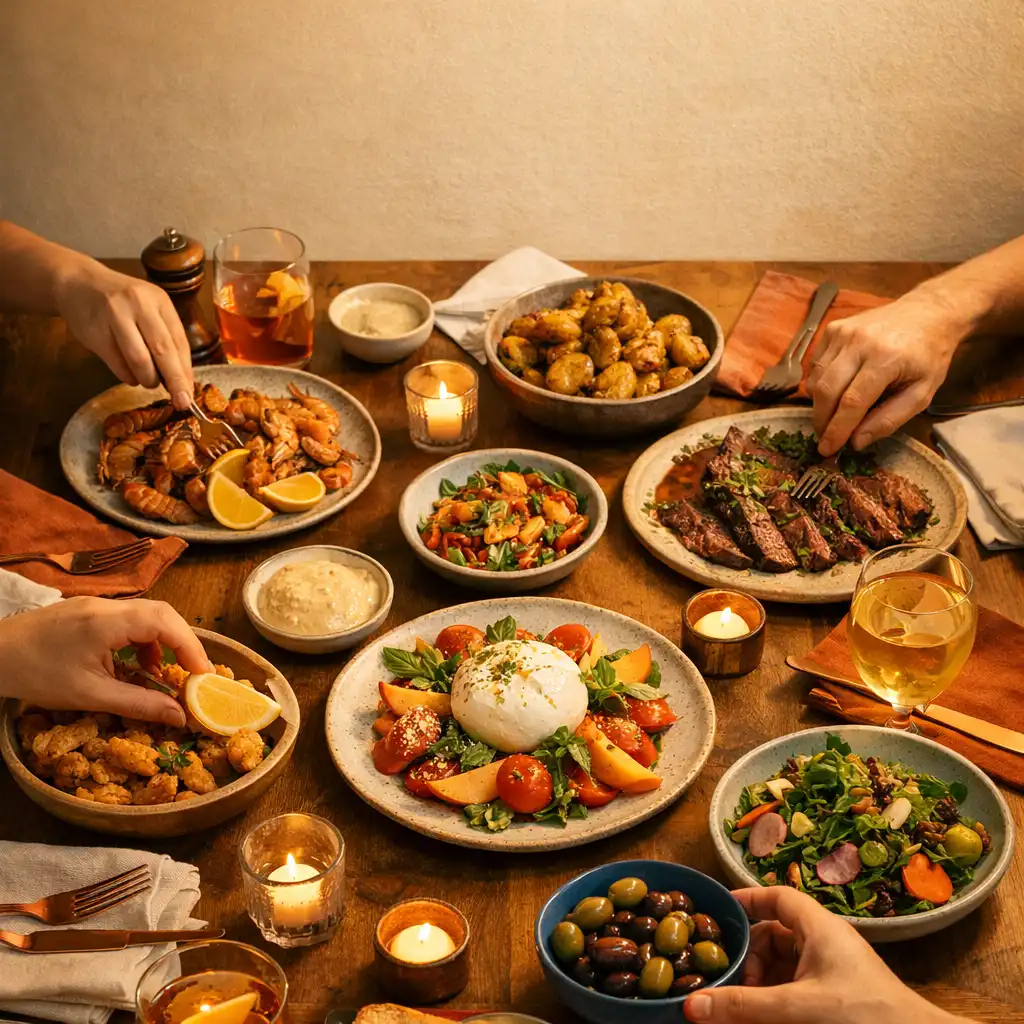 Shared dishes, linen napkins and hands gathered around a warmly styled restaurant table.