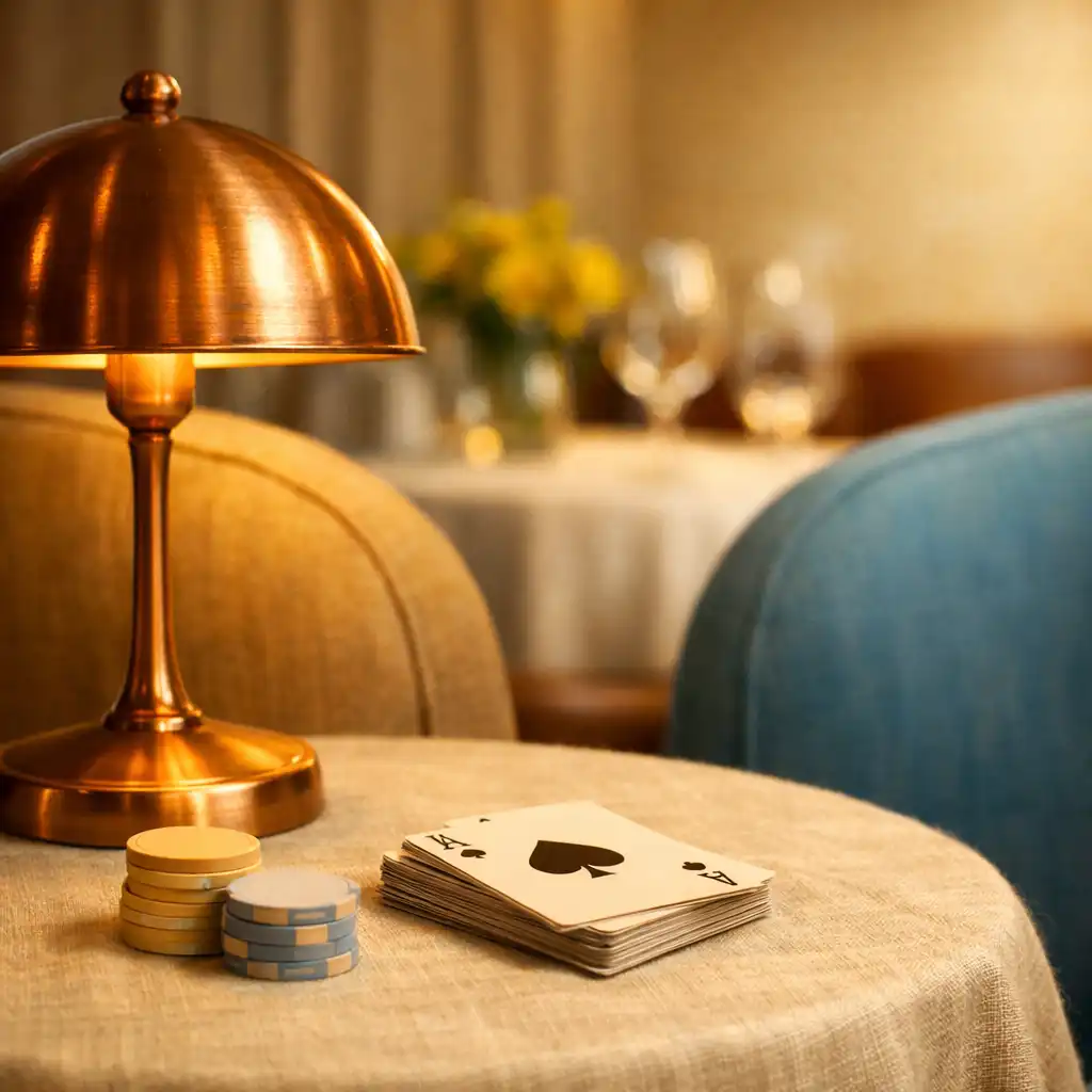 A copper-toned lamp, linen-covered side table, cards and curved chair backs in a warm lounge.