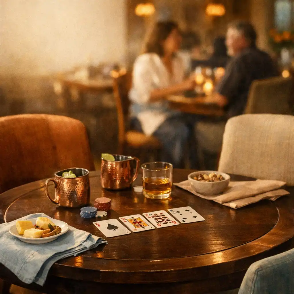 A round table in Copper & Linen’s card lounge set with playing cards, linen napkins, copper-toned drinkware and chairs.