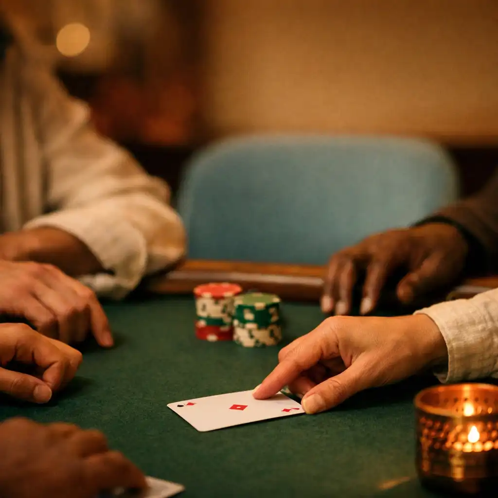 Hands gathered around cards on a felt-topped poker table in a warm physical card lounge.