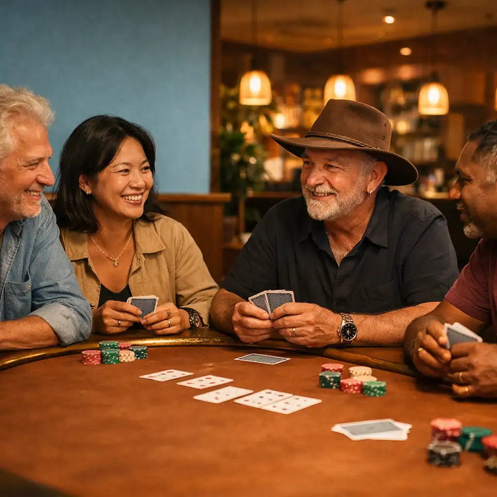Friends talking around physical cards at a warmly lit Copper and Linen card lounge table