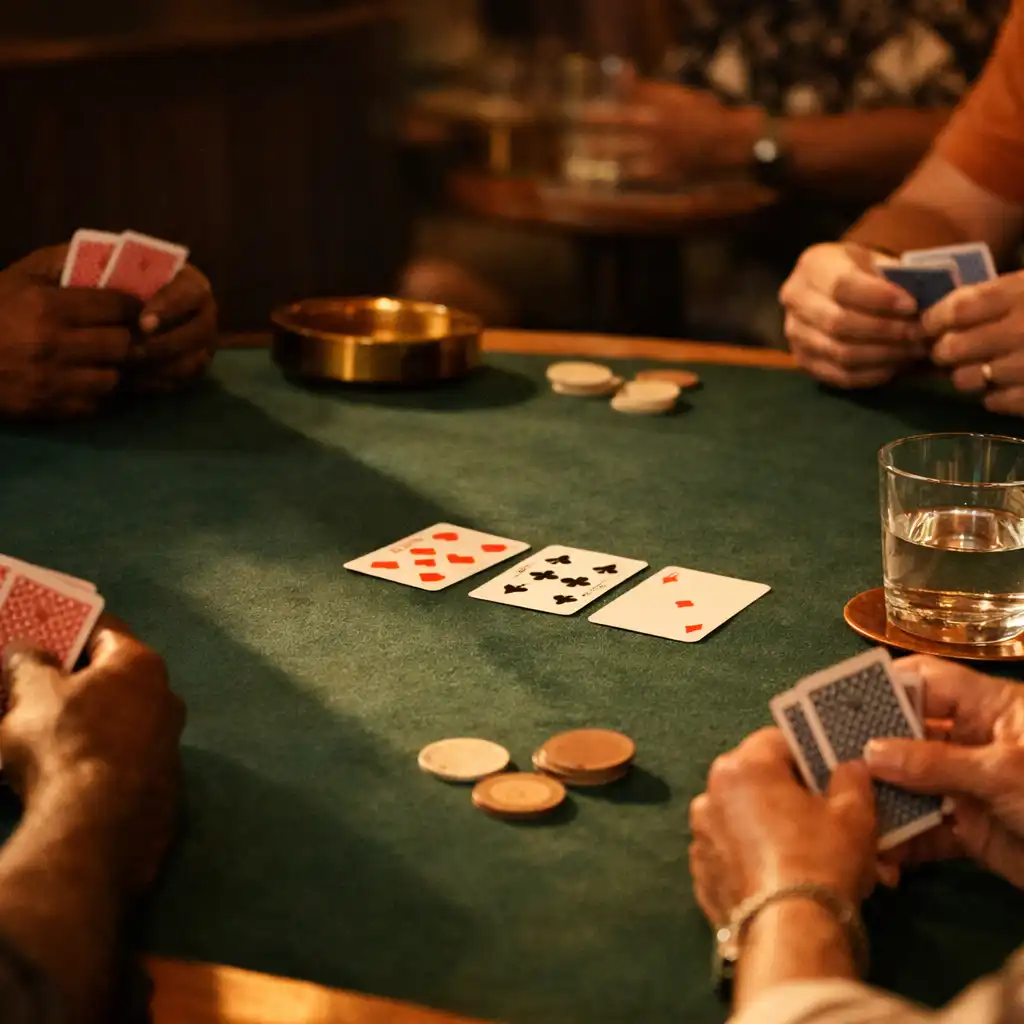 Hands holding physical playing cards around a warmly lit table in Copper and Linen’s card lounge