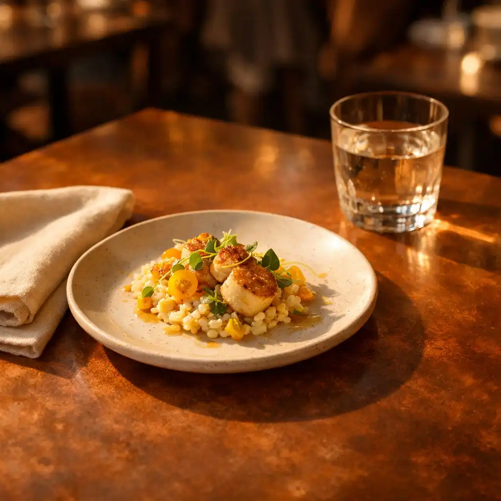 A plated dish beside linen and a glass on a copper-toned table