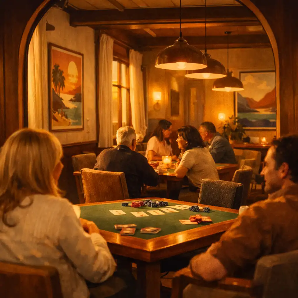 Warm interior of Copper and Linen with tables, chairs and card-lounge atmosphere