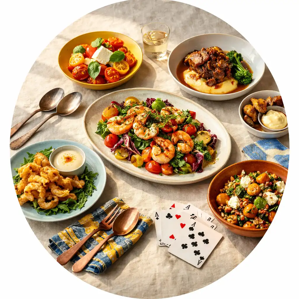 Colourful dishes, copper cutlery and linen on a shared restaurant table