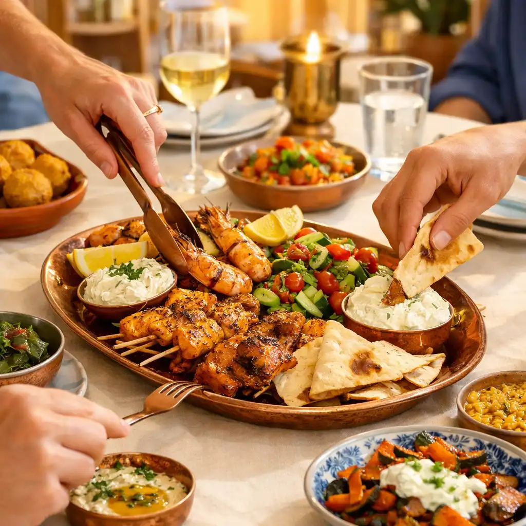 Hands sharing colourful dishes over a cream linen restaurant table