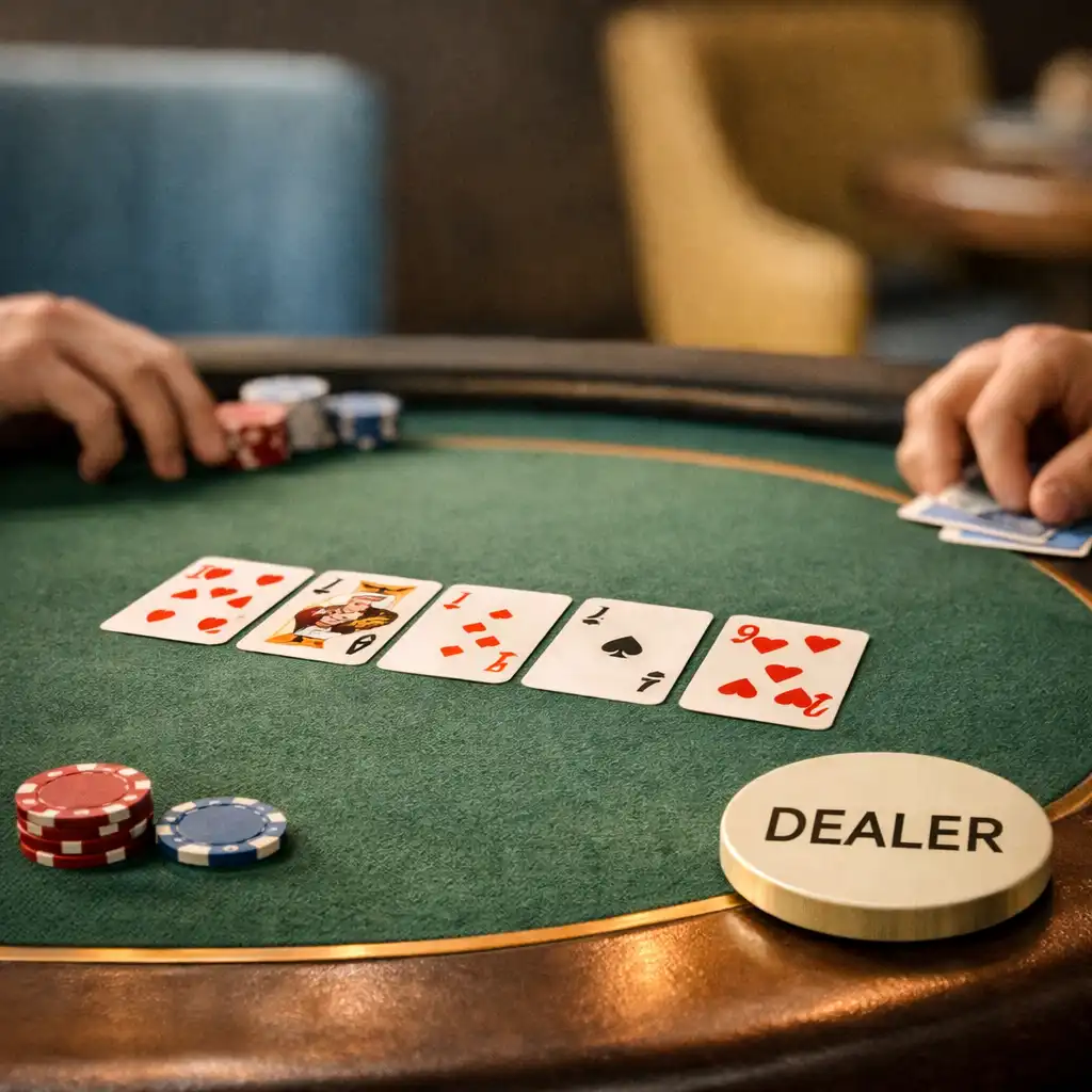 Shared face-up cards and hands at a physical Texas Hold’em table in the Copper and Linen card lounge