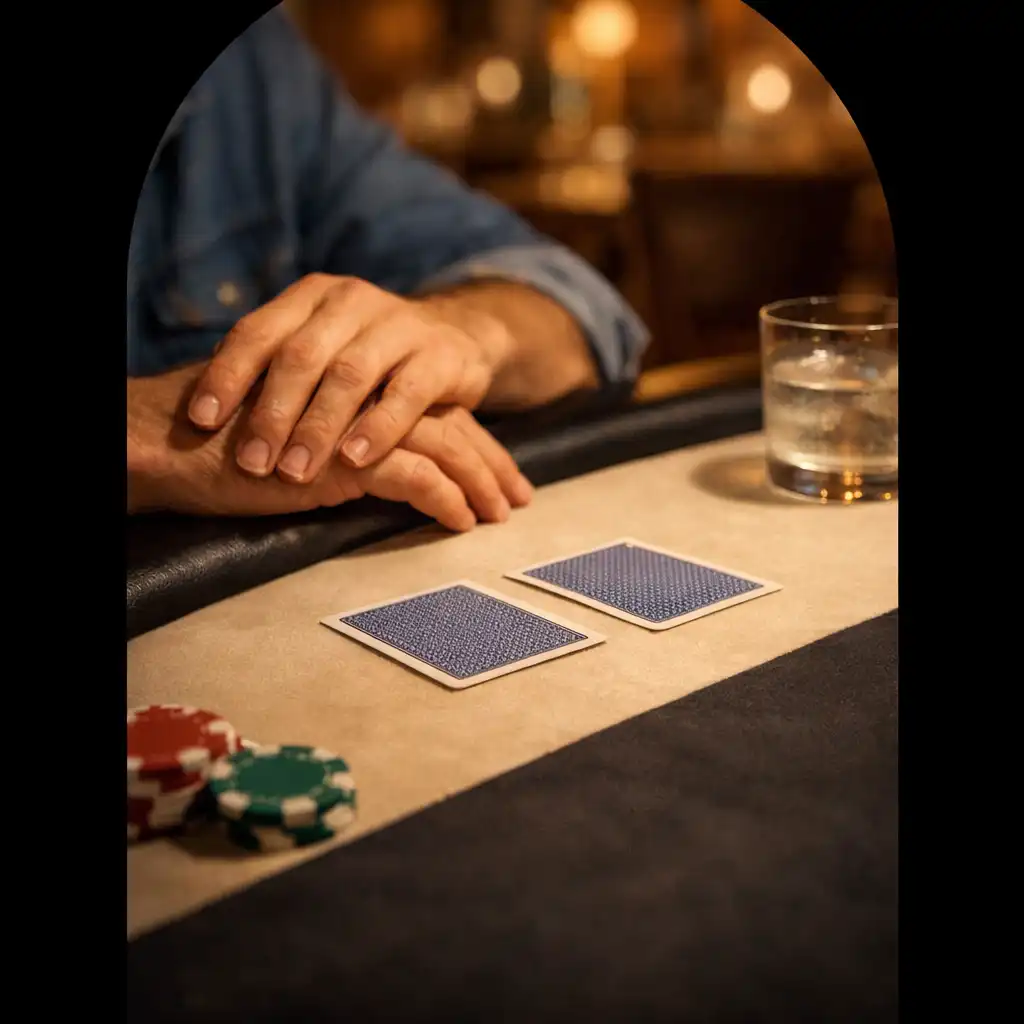 Hands near playing cards on a linen-covered Texas Hold’em table in the card lounge